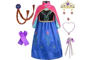 Cacilie Mädchen Anna Kleid Kostüm Kinder Prinzessin Kostüm für Karneval Party Cosplay Verkleidung Halloween Fest Geburtstag mit Zubehör Krone Zauberstab