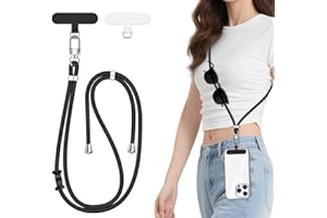 ivoler Cordon para Movil Universal, Cuerda para Movil Ajustable con 2 Parches Duraderos y Lazo de Cuero Negro, Compatible con Todos Los Teléfonos Inteligentes y la Mayoría de los Funda - Negro