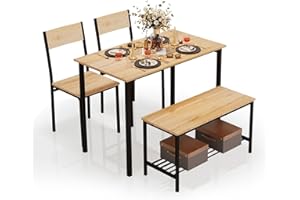 PULUOMIS Dining Table and 2 Chairs with Bench, Dining Table and Chairs Set 4 Piece Dining Room Set, Chair and Bench Set for Restaurant Kitchen Home Bistro Garden, Oak