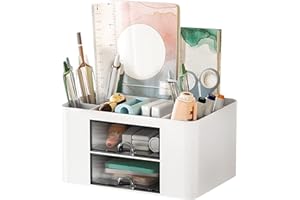 OZNTPCN Desktop Organizer with Drawer, Desk Storage Box with Pen Holder, Plastic Drawers Organizer Perfect for Collection Small Item/Cosmetic Office Organization - White