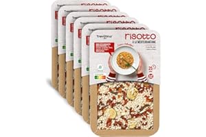 Trevijano Risotto Méditerranéen: 6 barquettes de 280 g chacune. Sans additifs ni conservateurs, uniquement des ingrédients végétaux déshydratés: riz, tomate, courgette, ail, olives, oignon, origan.