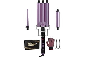 CAUPUREYE Lockenstäbe 3 Fässer für Große Locken mit Verschiedenen Aufsätzen, 3 Fässer Welleneisen mit Einstellbarer Temperatur, Welleisen Schnelle Heizung mit Erwärmung Handschuh 2 Clips, Für Lange/kurze Haare