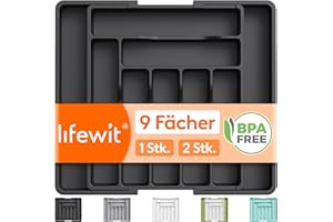 Lifewit Besteckkasten für Schublade, Verstellbarer Besteckhalter Kunststoff Besteckständer, Breite von 33 auf 57 cm, Utensilienhalter Küche Tiefe 38 cm, Küchen Organizer für Löffel/Gabeln, Schwarz