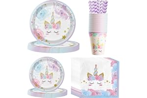 MORAINJAY 84Pcs Unicorn Party Tableware, Pink Unicorn Birthday Decorations, Includes 16 x 9in Plates, 16 x 7in Plates, 16 x 9oz/250ml Cups, 20 x 6.5in Napkins, 20 Paper Straws, Serves 16 Guests