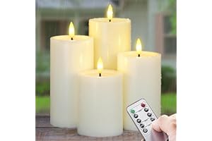 Yeelida Exterior Pack de 4 Velas LED Impermeables Sin Llama con Mando a Distancia, Temporizador Funciona con Pilas Efecto Aceite de Cera Parpadeante de Plástico (Marfil, 7,5cm x10 12,5 15 17,5cm)