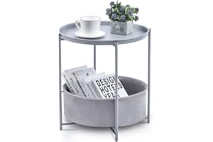 ‎KINGRACK KINGRACK Beistelltisch, 2 Schichten Couchtisch Rund, Kleiner Tisch mit Korb aus Stoff, Wohnzimmer Beistelltisch mit Stauraum, Schlafzimmer Nachttisch Modern, einfache Montage, Hellgrau