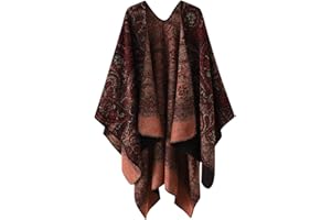 Sisifa Damen Boho Pullover Poncho Schal Wrap Cape Mantel Winter Herbst Vintage Print Stricken vorne offene Strickjacke Decke