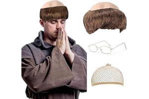 FOUNSHO Perruque Marron Bonnet Chauve en Latex, Hommes Perruque Moine Casquette Chauve Lunettes, Années 90Prêtre Déguisement Accessoires Fête Adultes Vieux Papi Cosplay Carnaval Halloween (Marron)