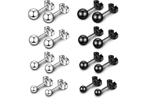 BBTO 8 Paires de Boucles d'Oreilles Rondes pour Femme Filles Boucles d'Oreilles à Boule en Acier au Titane en Argent Noir, 3 mm 4 mm 5 mm 6 mm