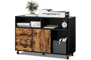 YITAHOME Armadietto in legno, mobile schedario laterale a 2 cassetti con serratura, supporto per stampante con ripiani aperti, per casa e ufficio, nero e marrone rustico