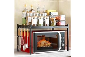AMZJMT Mikrowellen regal Ausziehbarer 2-stufiges,Stehend Mikrowellenrost mit 4 S-HakenPlatzsparendes Küchenregal, Praktisches küchenregal für küchenregal arbeitsplatte, küchenorganizer,Schwarz