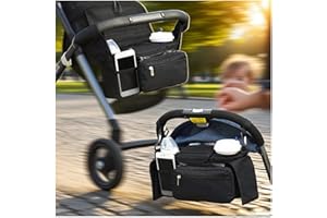 Anfylife Unversal Kinderwagen-Organizer mit 2 isolierten Getränkehaltern, verstellbarem Haken und Gurt, passend für UPPAbaby/Bugaboo, Wickeltasche mit 8 Fächern und Feuchttuchspender, Schwarz