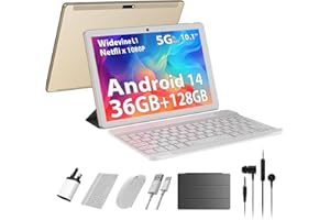 AXETOP 10 Inch Tablet Android 14,36GB RAM+128GB ROM(TF 1TB), Octa Core, 2.0 GHz,5G WiFi, Widevine L1 | Google GMS | 8000mAh | Bluetooth 5.0 | 8MP+5MP | Tablet with Keyboard, Mouse, Case, Stylus - Gold