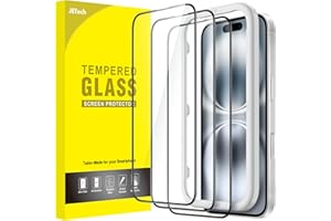 JETech Protection D'écran à Couverture Complète pour iPhone 16 6,1 Pouces, Film en Verre Trempé à Bord Noir avec Outil d'Installation Facile, Compatible Coque, HD Transparent, Lot de 3