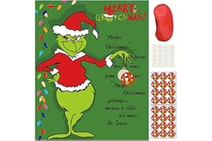 Volsha Pin the Light Ball on the Grinch Game, 52×42cm Christmas Party Game for Kids Girls with 24 PCs Birthday Party Supplies for Wall Home Room Decorations
