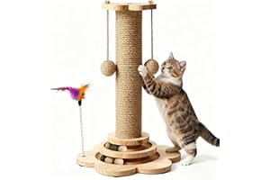 Treeboy Cat Scratching Post for Indoor Cats with Natural Sisal - Sturdy Cat Scratcher With Solid Wooden Base, Kitten Toys with Interactive Track Ball, Spring Feather,Play Platform & Scratch Post 50cm