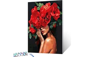 Tucocoo Peinture par numéros pour femmes avec fleurs sur la tête pour adultes débutantes, peinture corporelle féminine, fleur rouge, ensemble de peinture à l'huile acrylique pour décoration