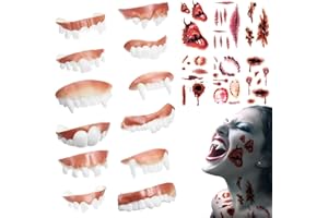 QYLAZUNE Halloween Vampire Teeth Horror Wound Kit 12 Pairs fangs Monster Vampire Teeth 6 Sheets Bloody Wound and Scar Tattoos Spooky Haunted House Parties, adult Cosplay, and Trick or Treat Fun!