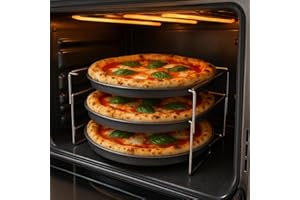 REPLOOD Set Cottura Teglie per Pizze 3 Ripiani con 3 Teglie Ø 29 cm e Supporto in Metallo Antiaderente – Portateglie da Forno Impilabile Salvaspazio, Ideale per Pizza Croccante, Dolci e Focacce