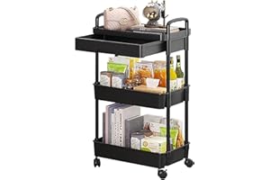 DUOJIN Carrello multiuso in plastica a 3 livelli con maniglia, carrello portaoggetti multifunzione con cestini in rete e ruote bloccabili, per bagno, cucina, ufficio, aula (nero)