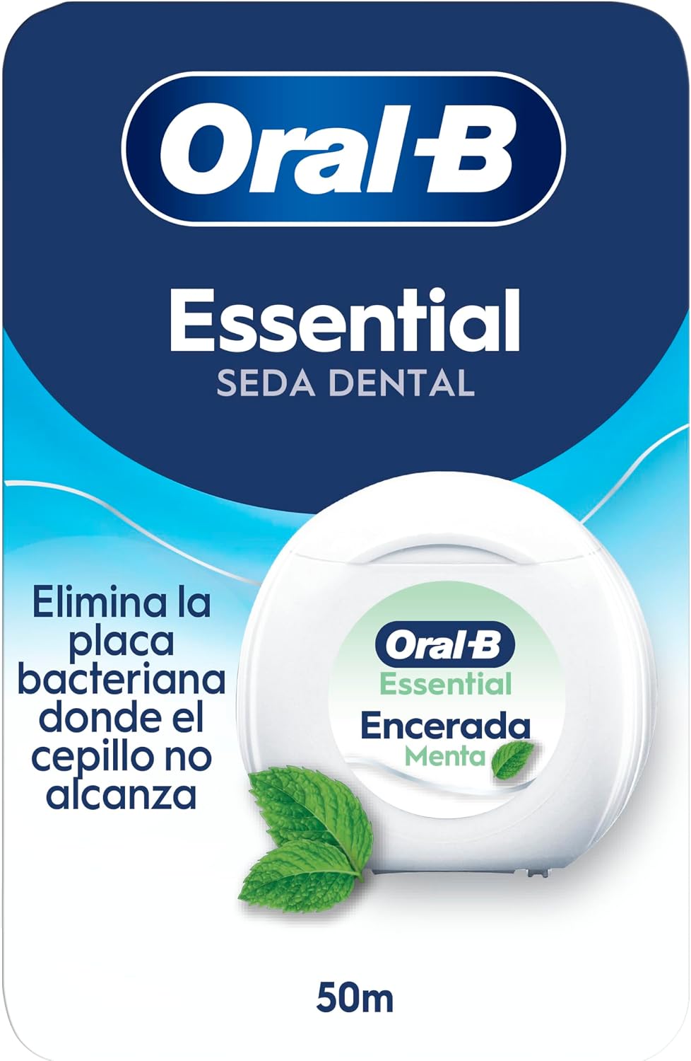 Hilo Dental Oral-B Essential Floss - Elimina la Placa - Seda Dental con Cera para Espacios Reducidos - Resistente al Desgaste - Sabor Menta [volumeloc]]m Roll