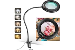 Veemagni 10X Magnifying Glass with Light, Real Glass Desk Lamp with Clamp, 5 Color Modes Stepless Dimmable, 23" Flexible Gooseneck LED Lighted Magnifier with Stand for Close Work Crafts Reading Hobby
