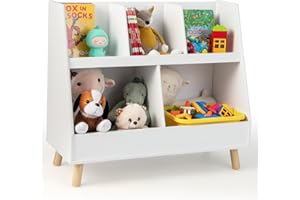 COSTWAY Regał dziecięcy z 5 otwartymi półkami, regał na książki dla dzieci, regał do pokoju dziecięcego z nogami z litego drewna i zabezpieczeniem przed przewróceniem, regał na zabawki do pokoju