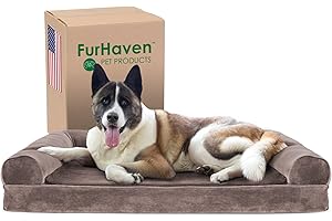 Furhaven XL Chłodząca pianka żelowa, legowisko dla psa, sztuczne futro i aksamit, styl sofy ze zdejmowanym, zmywalnym pokrowcem, brązowe drewno, Jumbo (rozmiar XL)
