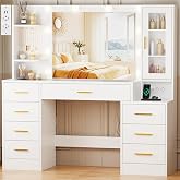 ANWBROAD Dressing Table with Mirror and Dimmable LED Lights, Glass and | BDT88W Large Makeup Dressing Table with 8 Drawers 3