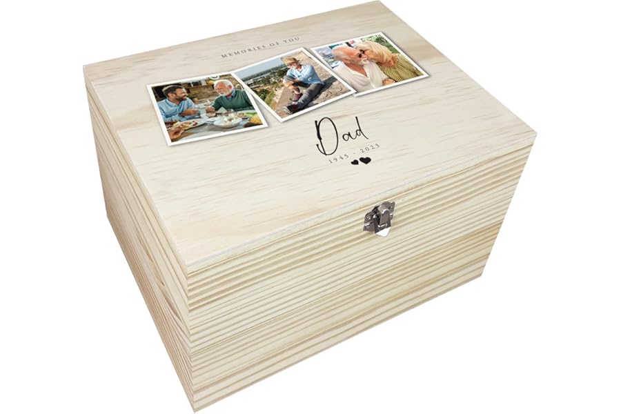 Personalised Large Wooden Memorial Photo Keepsake Memory Box | Customizable Bereavement Gift Remembrance Memorial | Metal Hinges and Clasp | Custom Name Date | W20cm x D15cm x H11cm