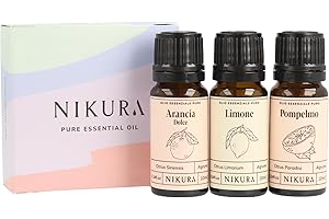 Nikura Collezione di Oli Essenziali Freschi - 3 x 10ml | per Diffusori, Pulizia Casa, Produzione di Candele e Sapone, Aromaterapia | Set Regalo al Pompelmo, Limone e Arancio Dolce | Puri e Naturali