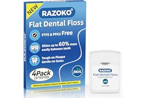 RAZOKO Flat Dental Floss, PFAS & PTFE Free, Shred Resistant, Gentle on Gums, Ultra-Smooth for Deep Cleaning, Natural Wax, Cool Mint, 4 Pack (55 Yards) - for Adults & Kids