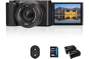 ORDRO 5K Digital Camera Mirrorless Camera for Photography, 64MP 12X Optical Zoom Compact Digital Cameras with Auto Focus, 270° Flip Screen, 64GB Card (Black)