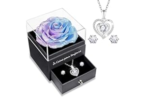 Sunia Rose Eternelle avec Bijoux Argent 925,Collier Coeur Boucles d'oreilles,Coffret Cadeau Femme,Rose Préservée avec Collier,Cadeau Anniversaire Femme,Amour Cadeau,Fete des Meres,Noël,Saint-Valentin