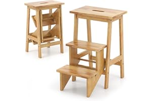COSTWAY Escabeau à 3 Marches Pliable, Marche Pied en Bois d'Hévéa, 3 en 1 Tabouret Pliante avec Poignée, Patins Antidérapant, pour Salon Chambre Garage, Charge 270 kg (58 x 41 x 61 cm,Naturel)