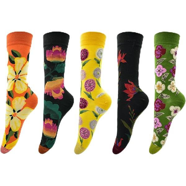 5 Paar Lustige Socken Damen 39-42 - Bunte Socken Mit Blumendruck Stickerei