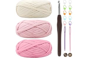 RENYIZ Lot de 3 pelotes de fil à crochet épais pour t-shirt avec crochet de 6 mm, parfait pour les projets de crochet, pour les débutants, tissu élastique adapté pour les loisirs créatifs