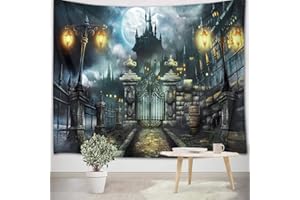LB 235x180cm Tapiz de Pared Halloween Colgar de Pared Castillo Vintage Tela Pared Noche de luna llena, puerta retro, camino de ladrillos Tapices para Sala Dormitorio Decoración Pared