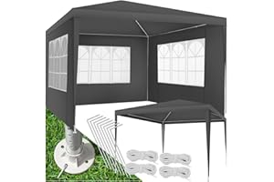 ‎TECTAKE tectake® Pavillon 3x3 m mit verstärktem Gestell, Zelt groß, wasserdicht, Gartenpavillon, Partyzelt, Event Shelter, Festzelt, Gartenpavillon 3x3 m mit 3 Seitenwänden mit Fenstern, inkl. Heringe - grau