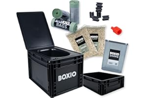 ‎BOXIO BOXIO - Toilet Max+: Campingtoilette Komplettset, Mobile Trockentrenntoilette ohne Chemie für Camping, Van, Outdoor, Dachzelt: Toilette auf Eurobox Basis ohne Strom für unterwegs, schwarz, 40x30x28