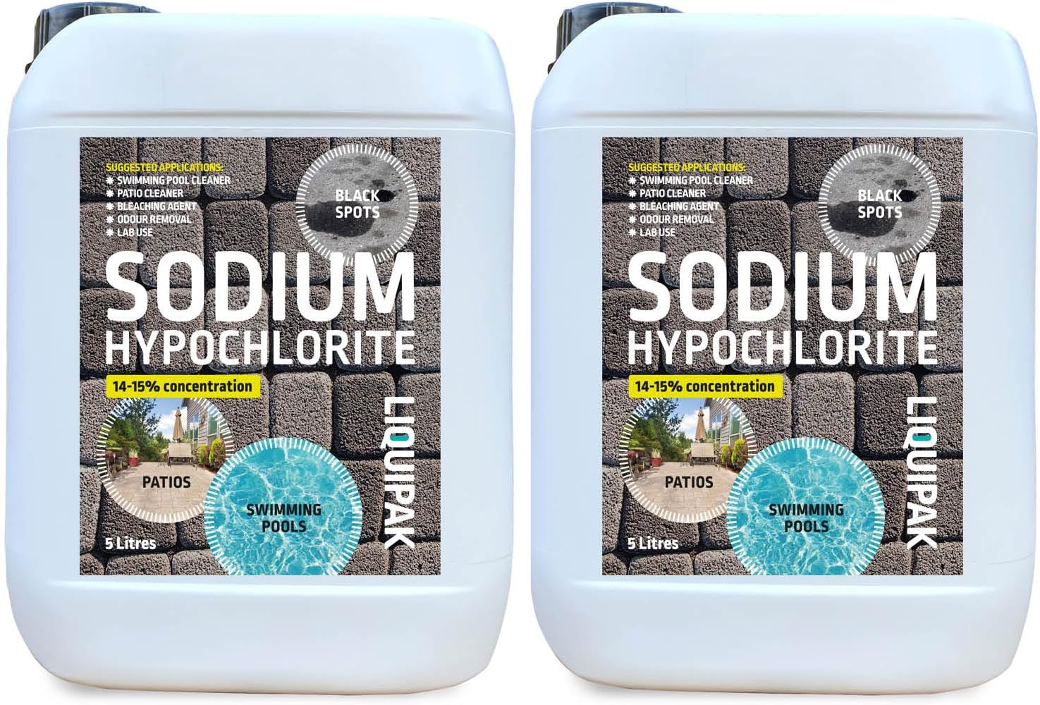 Liquipak Sodium Hypochlorite 10 Litres Patio Cleaner (2x5L) | Extra Strong 14-15% Concentration | Swimming Pool Liquid Chlorine & Black Spot Remover | Bleach Solution