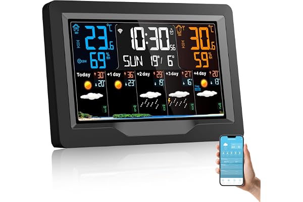 Station Météo Intérieur Extérieur sans Fil Regevo, Station Meteo Connectée WIFI, Thermomètre et Hygromètre avec Capteur, Prévisions Météo 5 Jours, Indice UV, Baromètre, 4 Luminosités Réglables