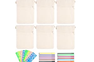 RICKMASK 6pcs DIY Blanko Stoffbeutel Stoff Federmäppchen zum Bemalen Blanko Kinder Stoffbeutel mit 4 Malvorlage+12 Farbstifte Stoffbeutel zum Bemalen für Basteln Kindergeburtstag Kosmetiktasche