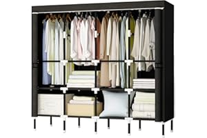 LIIGOU Canvas Wardrobes For Bedroom Pop Up Wardrobe Clothes Rail With Cover Portable Closet Foldable Wardrobe With 4 Hanging Rails and Shelves Clothes Storage 173x163x42cm Black