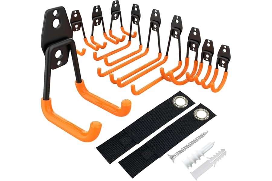 Kitmiido Steel Garage Storage Hooks - 12 Pack Anti-Slip Coating, Heavy Duty Wall Mount Hooks for Hanging Bike, Ladder, Garden Tools (Orange)