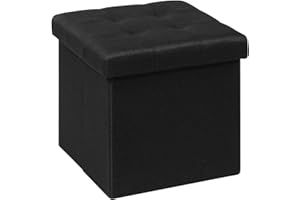 Bonlife Folding Ottoman Storage Box, Linen Black Cube Toy Chest with Lid, Multipurpose Footstool for Living Room, Bedroom & Nursery, 32x32x32cm, 120kg Capacity