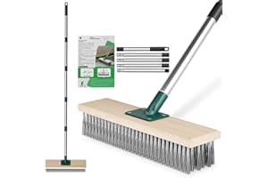 Scalnuvyyh Escoba de Alambre Resistente para Jardín Exterior con Mango Largo de 145 cm, Cepillo de Patio y Jardín con Cerdas de Metal Rígidas para Eliminar Malas Hierbas y Musgo, Cepillo para Fregar