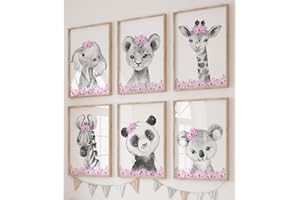 Eviepops Prints Animales del Safari Set de 6 Láminas Sin Marco para Habitación de Niña, Pósters de Arte de Pared para Decoración de Dormitorio, Elefante Jirafa León Cebra Panda Coala (A4)
