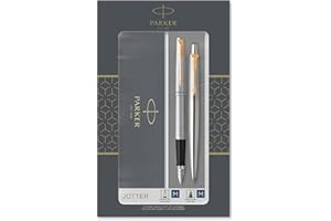 Parker Jotter Duo Gift Set with Ballpoint Pen & Fountain Pen | Stainless Steel with Gold Trim | Blue Ink Refill & Cartridges | Gift Box