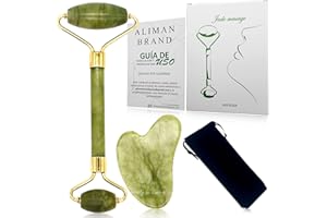 ALIMAN BRAND Gua Sha + Rodillo Facial Jade + Guía de Uso + Bolsa Almacenaje – 100% Natural – Masajeador Facial – Antiarrugas – Masajeador Ojos – Rodillo Masaje Relajante y Reafirmante (Set Jade)